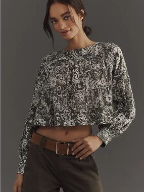 Anthropologie Olive and White Floral Peasant Top